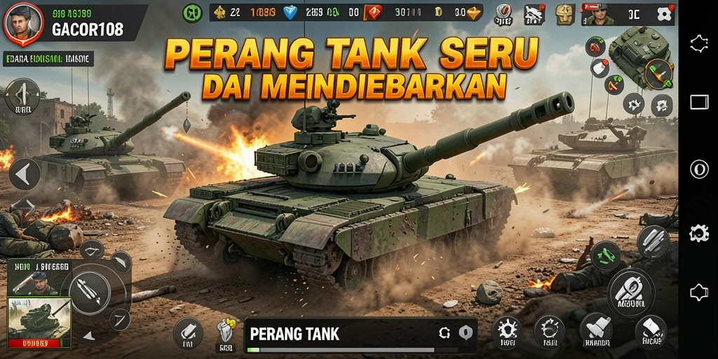 Tampilan antarmuka seru dari GACOR108 dalam Perang Tank.